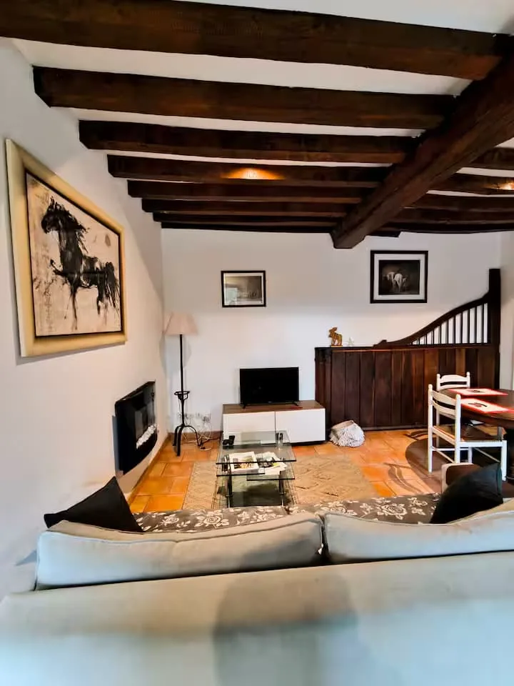 Salon chaleureux avec cheminée et canapé confortable du gîte Le Pré Fleuri
